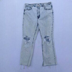 Zara Acid Wash Bleached Distressed Mid-Rise Ankle Cropped Denim Jeans Size 14